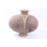 Ancient Chinese pottery ovoid-shaped vessel with traces of red and white painted scroll decoration,