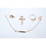 Cultured pearl and 9ct gold cross pendant, similar ring and a pair of similar earrings,