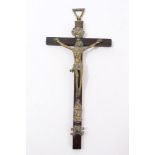 18th century brass and rosewood crucifix applied with momenti fiori and brass studs,