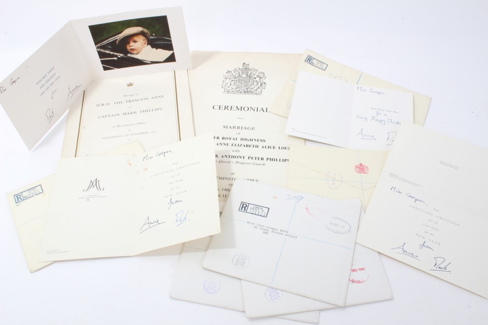 HRH Princess Anne The Princess Royal and Captain Mark Phillips - seven signed Christmas cards in