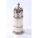 Victorian silver sugar caster of octagonal lighthouse form,