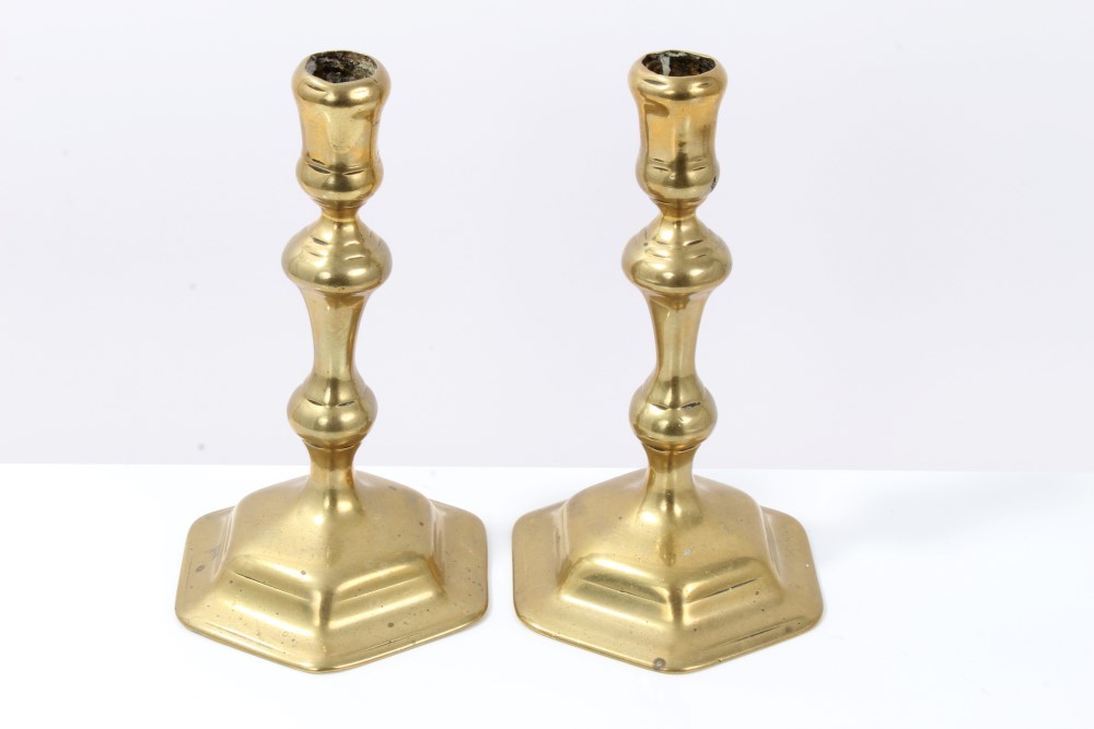Two pairs of Queen Anne-style brass candlesticks, each with knopped baluster stem on hexagonal foot, - Image 3 of 3
