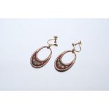 Pair Victorian tortoiseshell piqué work oval hoop pendant earrings with floral decoration.