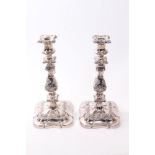 Pair fine quality silver plated candlestick with floral embossed baluster columns,