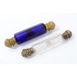 Victorian gilt metal mounted blue glass double-ended scent bottle of faceted form, 12cm long,