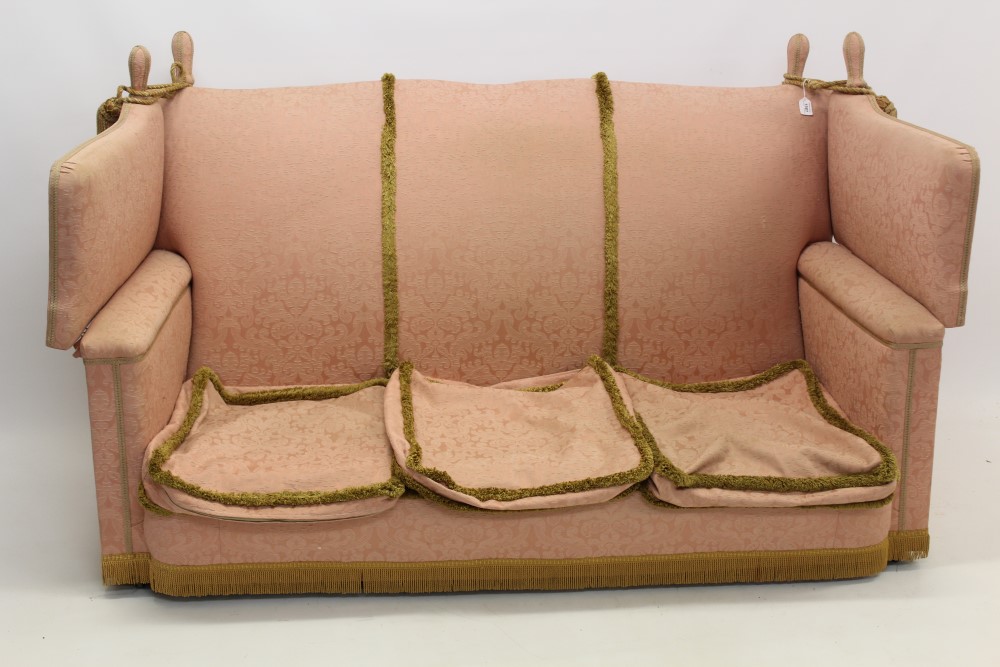 19th century style Knole sofa, typical drop end square form raised on castors,