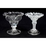 Two 18th century sweetmeat dishes with castellated rims, opaque twist decoration, on splayed foot,