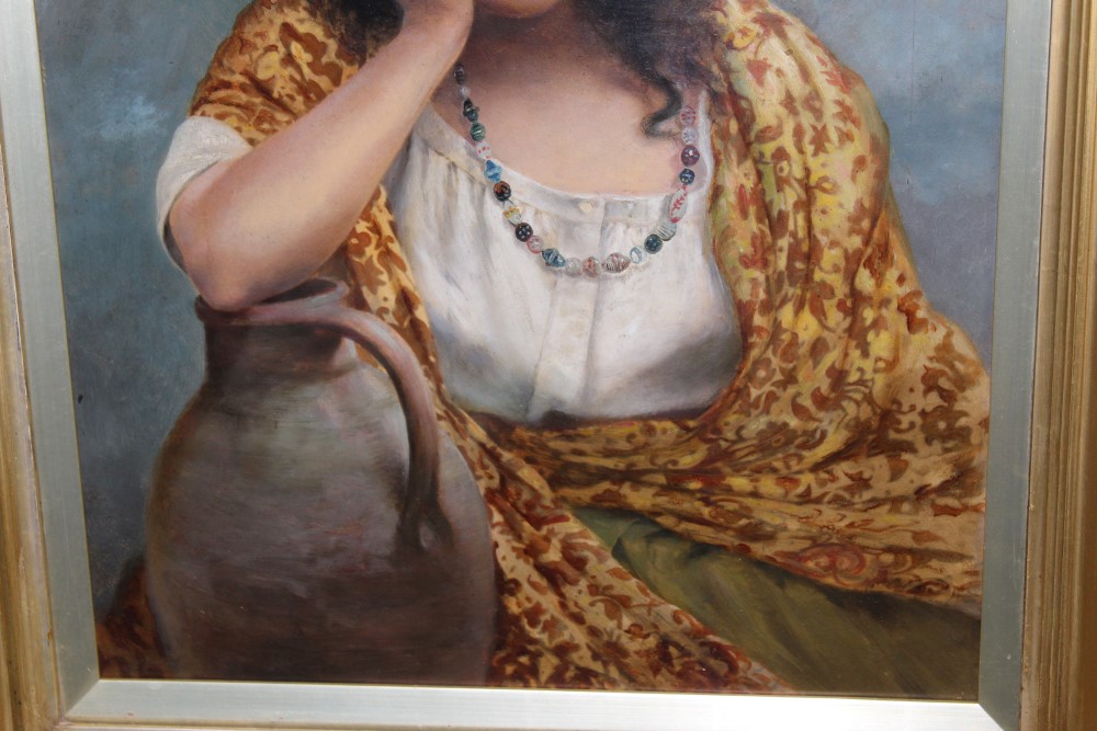 Late 19th / early 20th century Continental School oil on board - portrait of a gypsy girl leaning - Image 3 of 5