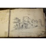 Regency artists' sketch book containing an assortment of pencil drawings - rural views,