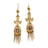 Pair Victorian yellow metal and enamel Etruscan Revival pendant earrings,