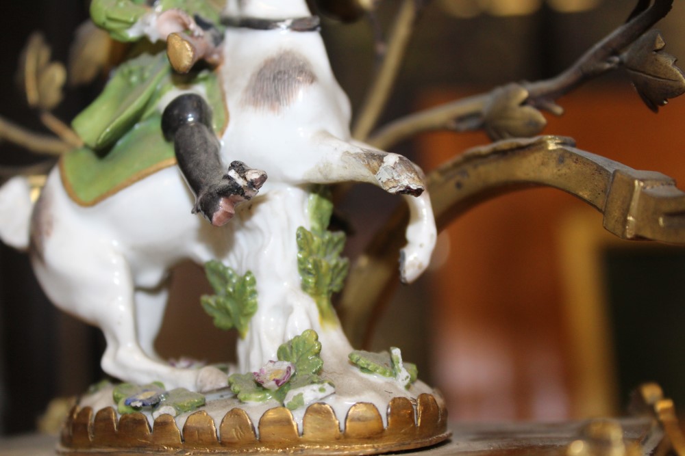 Pair 18th century Meissen miniature equestrian figures, with later gilt metal candelabra mounts, - Image 5 of 8