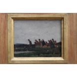 Late 19th / early 20th century oil on canvas - figures in a landscape, in gilt frame, 20cm x 25cm.