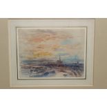 Follower of Turner, watercolour - extensive town view, in glazed frame, 14cm x 18.
