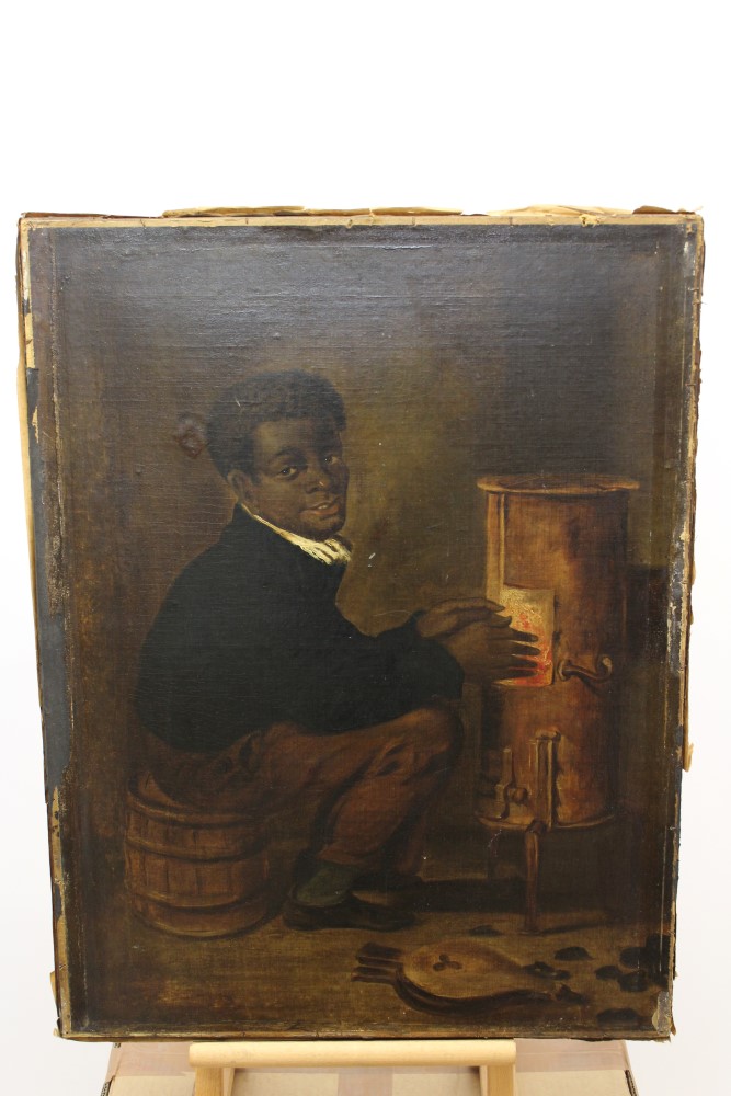 19th century American School oil on canvas laid on board - interior scene with a seated black boy
