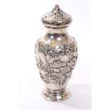 American silver sugar caster of inverted baluster form, with embossed decoration of rural scenes,