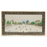 Antique Indian painted ivory panel depicting a polo match in palace grounds mounted on wooden