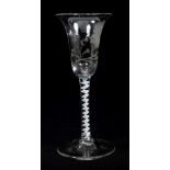 Mid-18th century wine glass with trumpet-shaped bowl, engraved with a flower,
