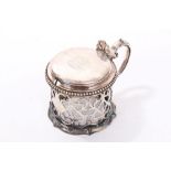 Victorian silver mustard pot of drum form, with pierced foliate decoration,
