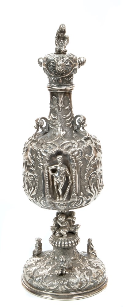 Unusual 19th century white metal flask of baluster form,