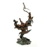 Highly unusual 20th century cold-painted bronze sculpture depicting a swirling gathering of animals,