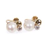 Pair cultured pearl and diamond earrings,