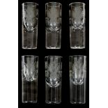 Set of six Imperial Russian cartridge-shaped vodka glasses engraved with the Imperial eagle and