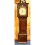 19th century eight day longcase clock with painted arched dial with subsidiary seconds dial and