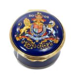 HM Queen Elizabeth II - presentation Halcyon Days enamel box with Royal Coat of Arms and 2002 to