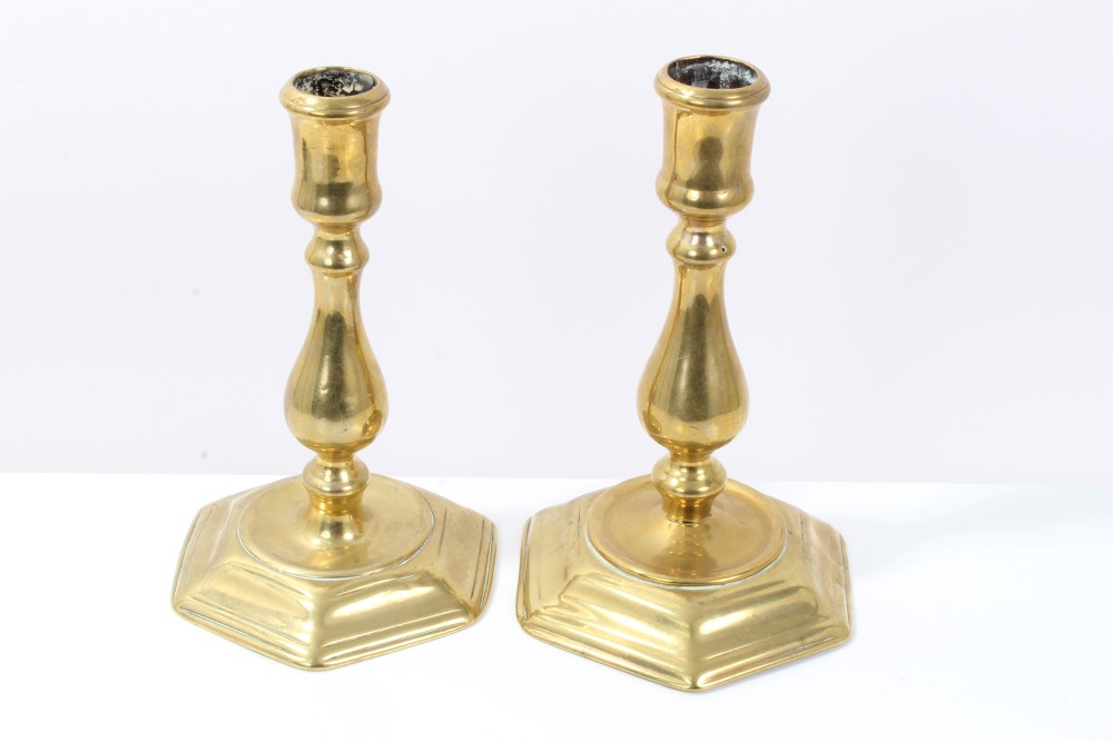 Two pairs of Queen Anne-style brass candlesticks, each with knopped baluster stem on hexagonal foot, - Image 2 of 3