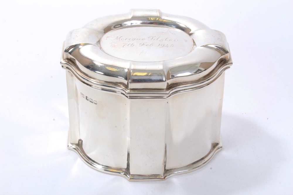 George V silver tea caddy of octagonal form,