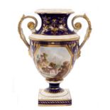 Early 19th century Bloor Derby vase with scroll handles, painted landscape reserve,