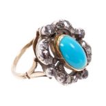 Victorian-style turquoise and diamond cluster ring with an oval turquoise cabochon surrounded by an