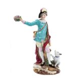 19th century Meissen figure of a gentleman holding a floral wreath and flute, with dog at his feet,