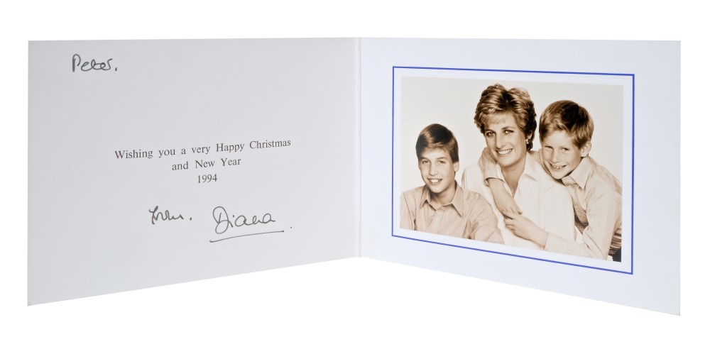 Diana Princess of Wales - signed 1994 Christmas card with gilt crowned arms to cover,