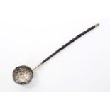Georgian silver toddy ladle with circular bowl and embossed floral and scroll decoration and inset