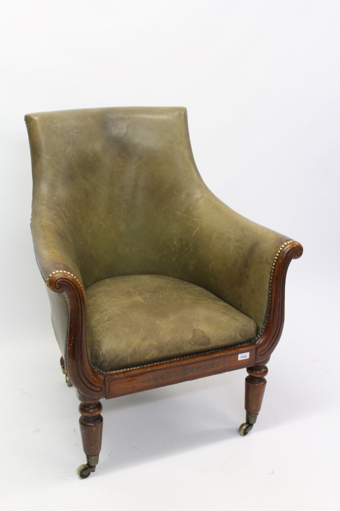 William IV rosewood beech and brass inlaid tub chair upholstered in close-stud green leather,