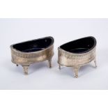 Pair George III silver salts of oval form, with bright engraved decoration and blue glass liners,