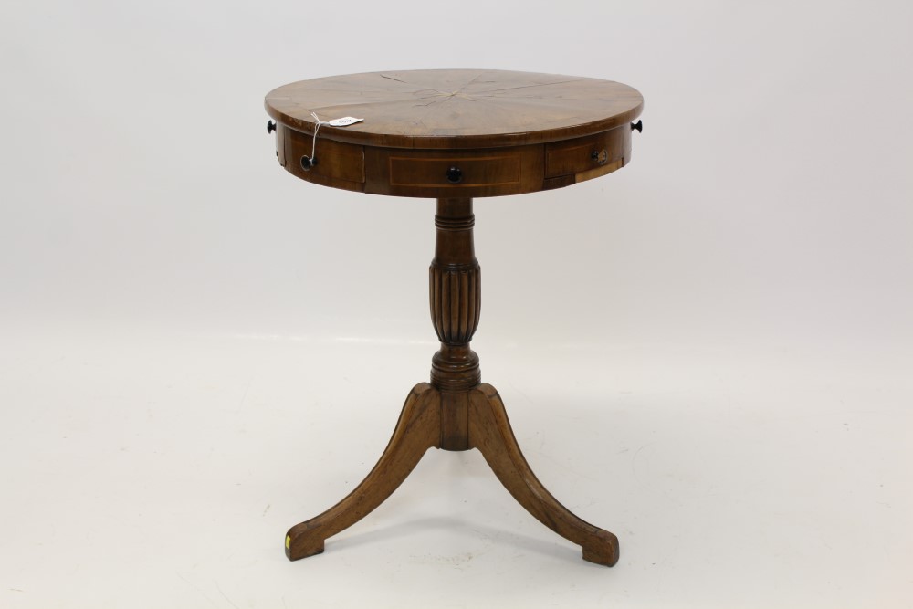 Unusual 19th century and later walnut crossbanded revolving drum table,
