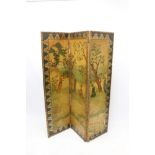 Late 19th century painted leather Eastern three-fold screen with scenes of figures in a garden,