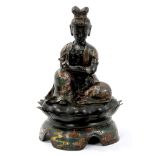 Antique Chinese bronze and cloisonne figure of Buddha in contemplative pose, holding a scroll,