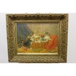 Continental School, circa 1900, oil on canvas - kittens in a basket, indistinctly signed,