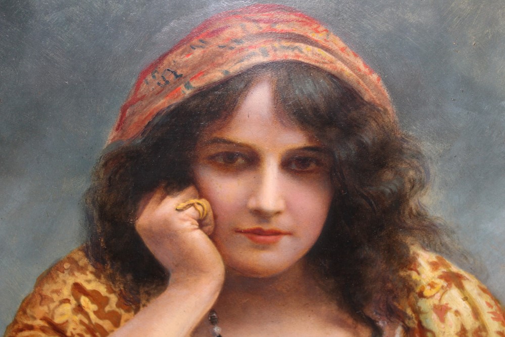 Late 19th / early 20th century Continental School oil on board - portrait of a gypsy girl leaning - Image 4 of 5