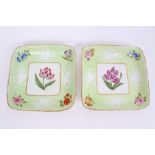 Pair early 19th century Coalport square dessert dishes with polychrome painted flowers,