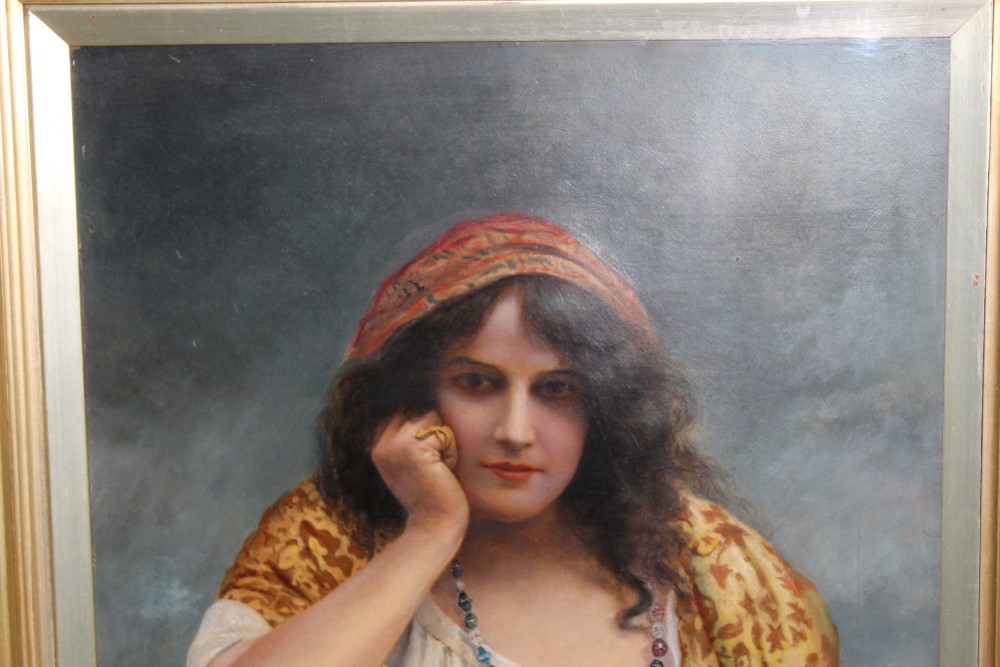 Late 19th / early 20th century Continental School oil on board - portrait of a gypsy girl leaning - Image 2 of 5