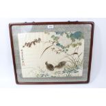 Good pair of Chinese silkwork panels, finely embroidered with quail in landscapes, character marks,