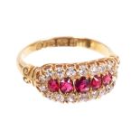Late Victorian ruby and diamond ring with five graduated oval mixed cut rubies surrounded by a
