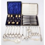 Late Victorian cased set of six silver apostle spoons, matching sugar tongs and sifter spoon,