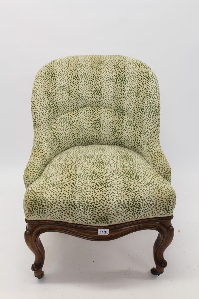 Victorian rosewood tub chair with cream and green print upholstery, - Image 2 of 5