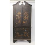 George III black lacquered and chinoiserie decorated standing corner cupboard,