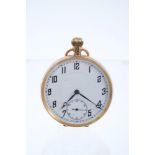 Gentlemen's 9ct gold open face keyless pocket watch with white enamel dial and Arabic numerals,